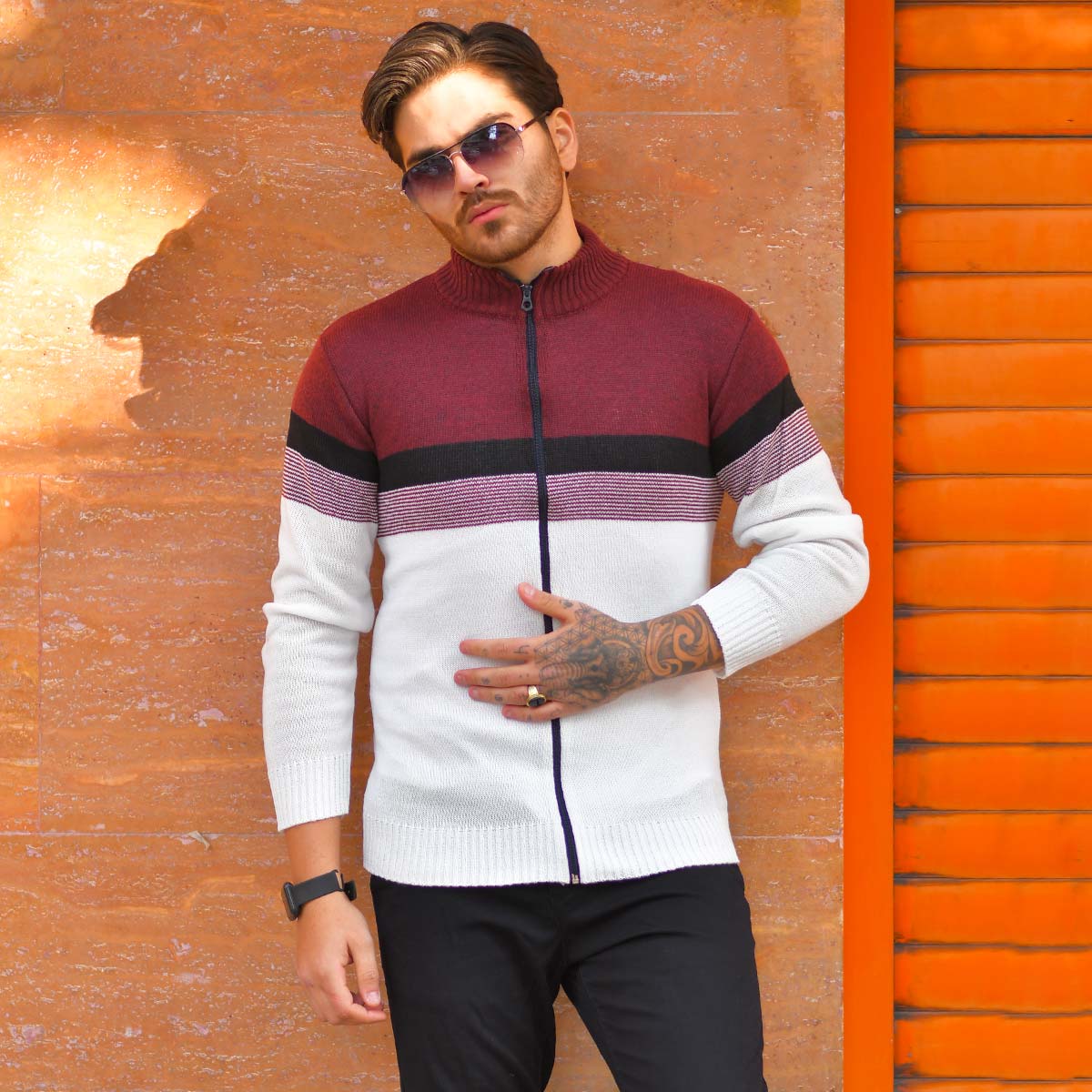 سوئیشرت بافت مردانه مدل Brenda رنگ زرشکی و سفید