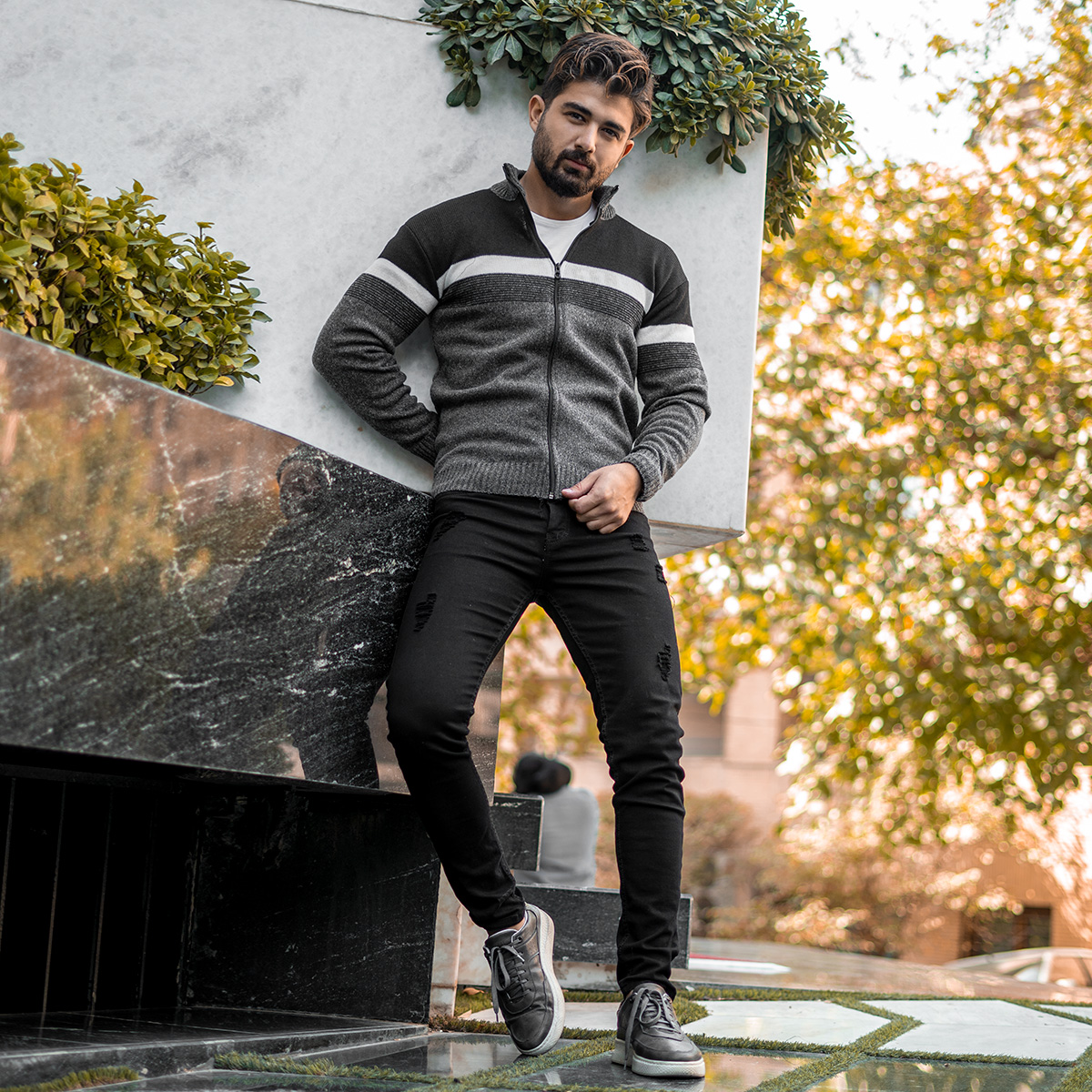 بافت مردانه زیپ دار دورنگ مشکی طوسی مدل shadima