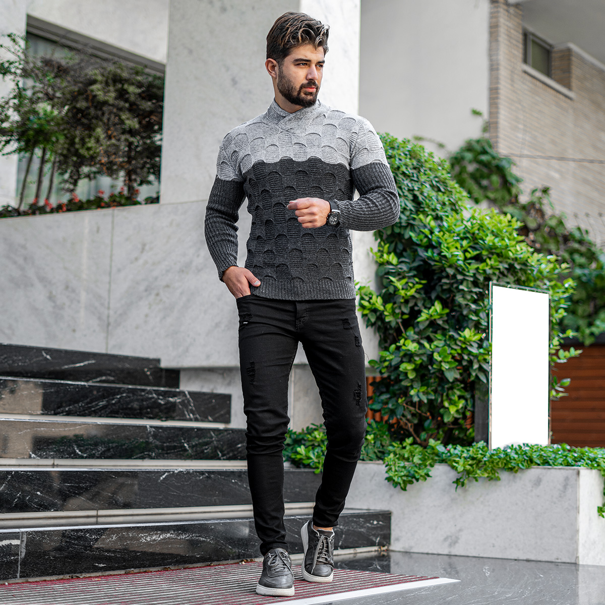 پلیور دورنگ طوسی ذغالی مردانه مدلArkia