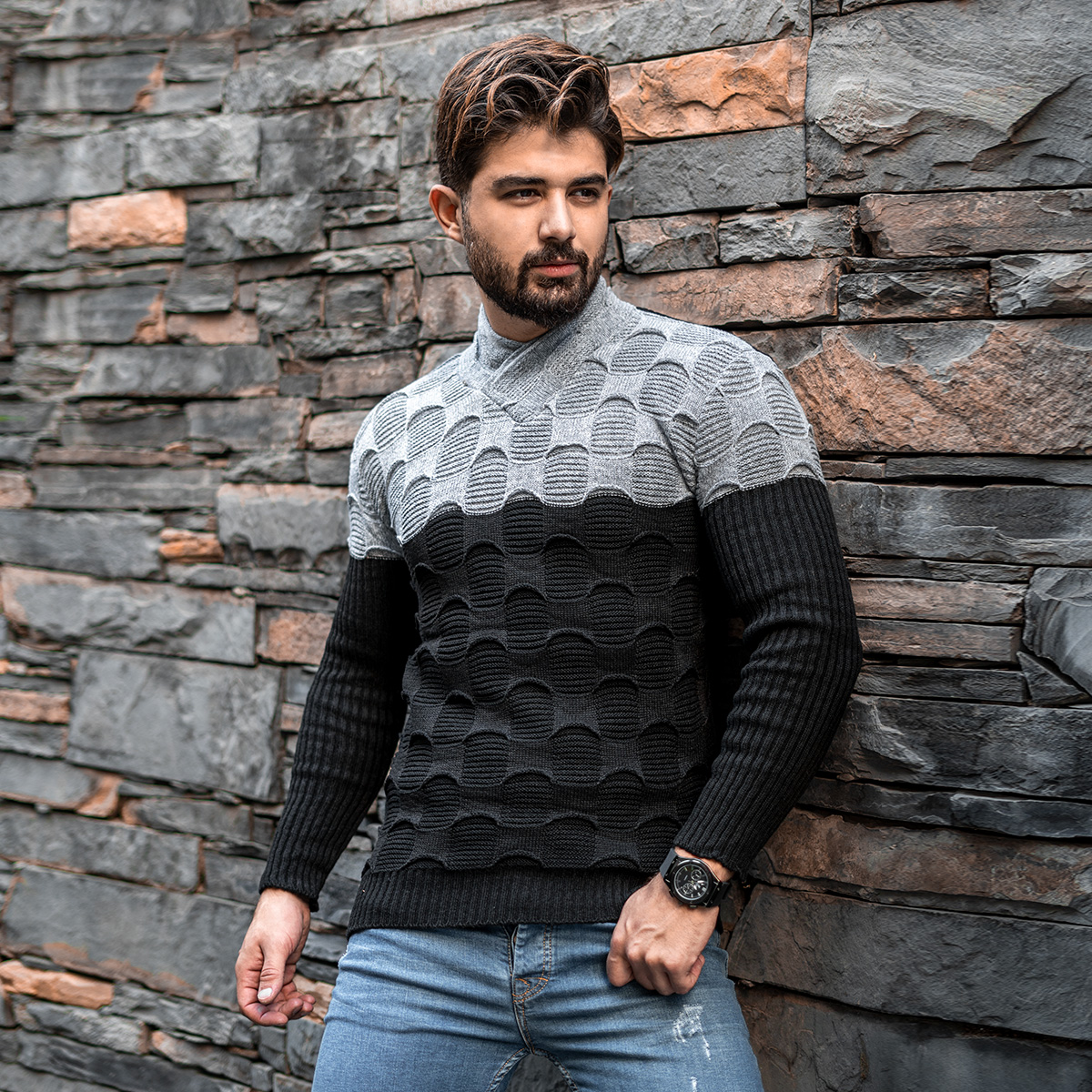 پلیور دورنگ طوسی مشکی مردانه مدلArkia