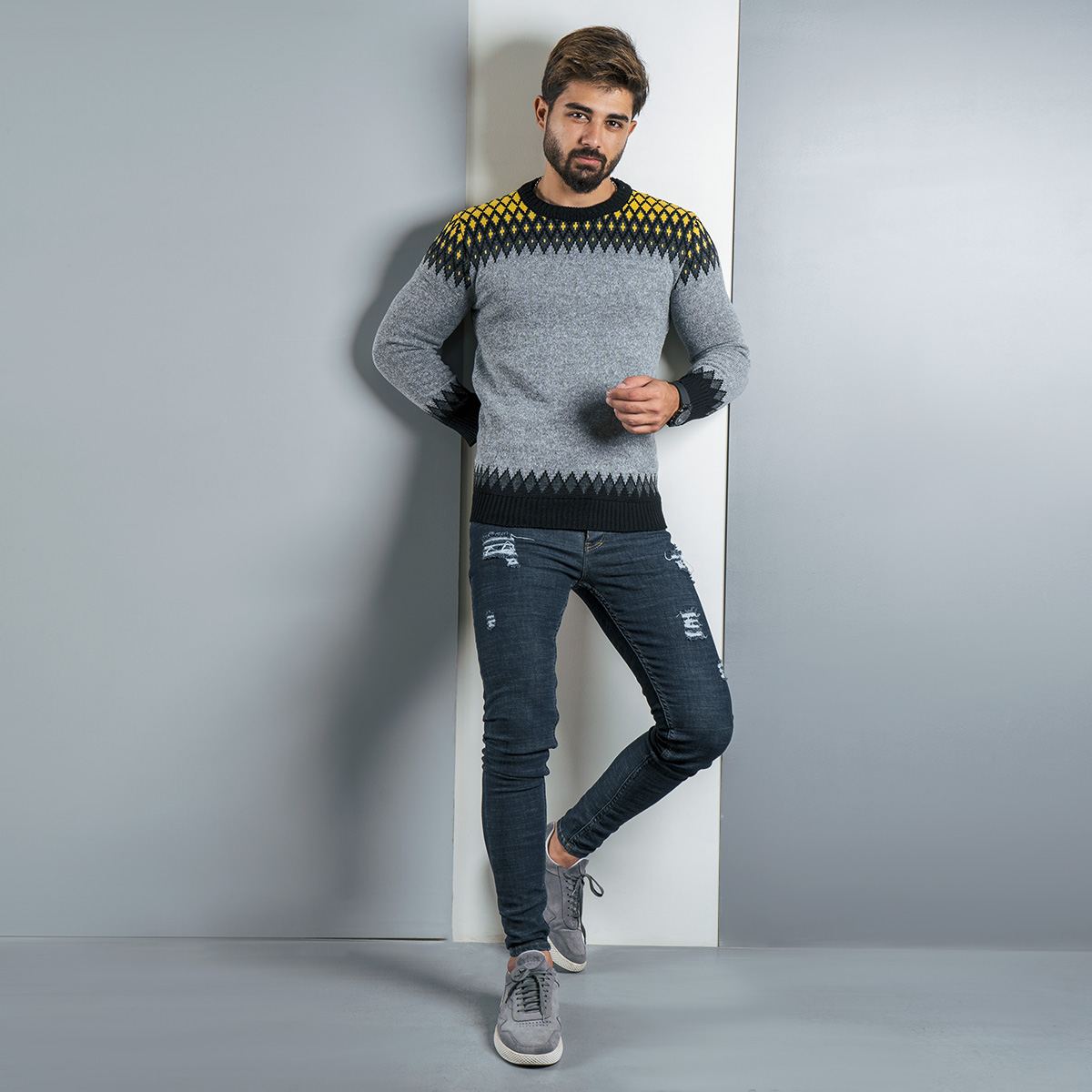 پلیور طوسی زرد(T) مردانه مدل tikal