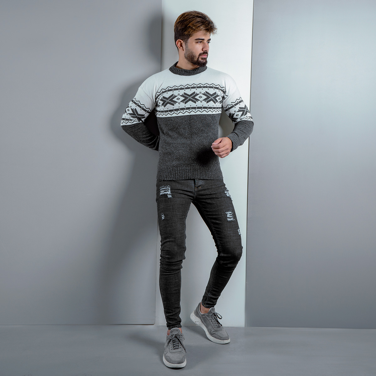 پلیور مردانه (T) سفید ذغالی مدل Servin