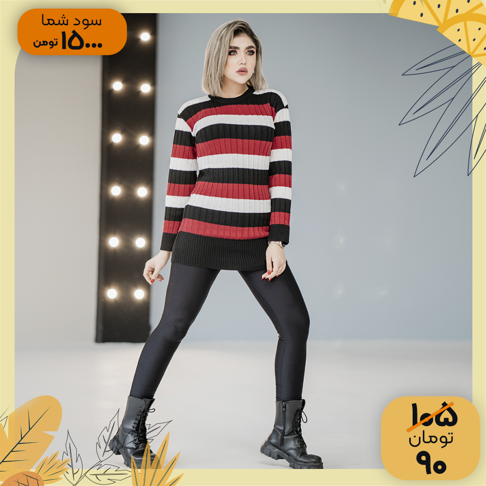 تونیک بافت زنانه راه راه قرمزمشکی مدل kareno