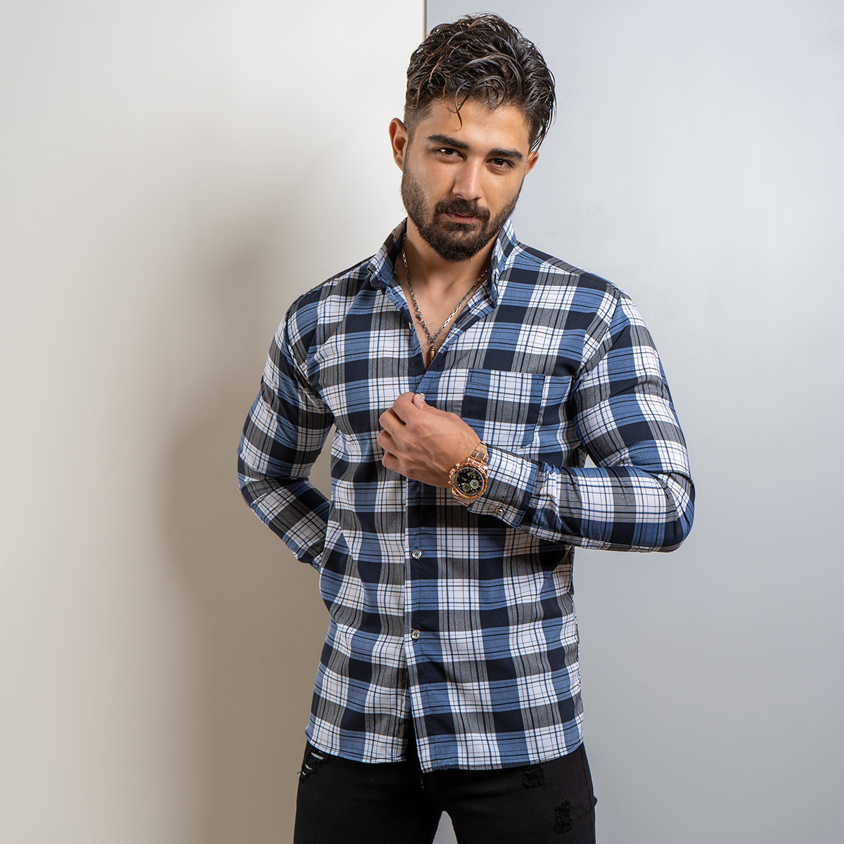 پیراهن چهارخونه مردانه(T) سفید آبی مدل Amir