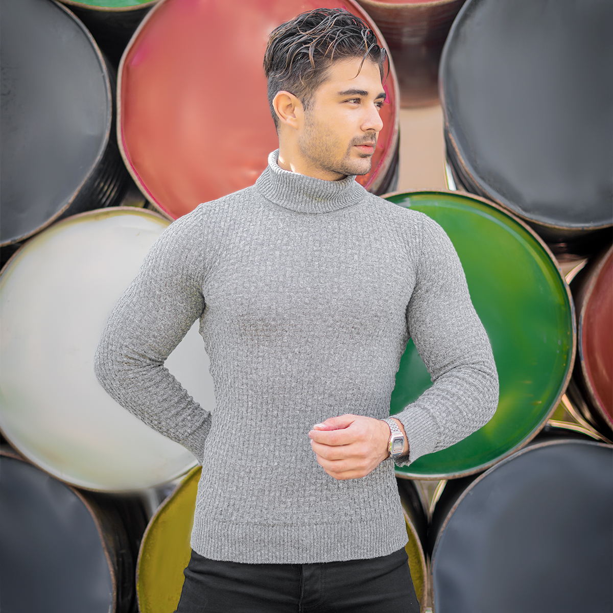 پلیور یقه اسکی مردانه طوسی روشن مدل Oktav