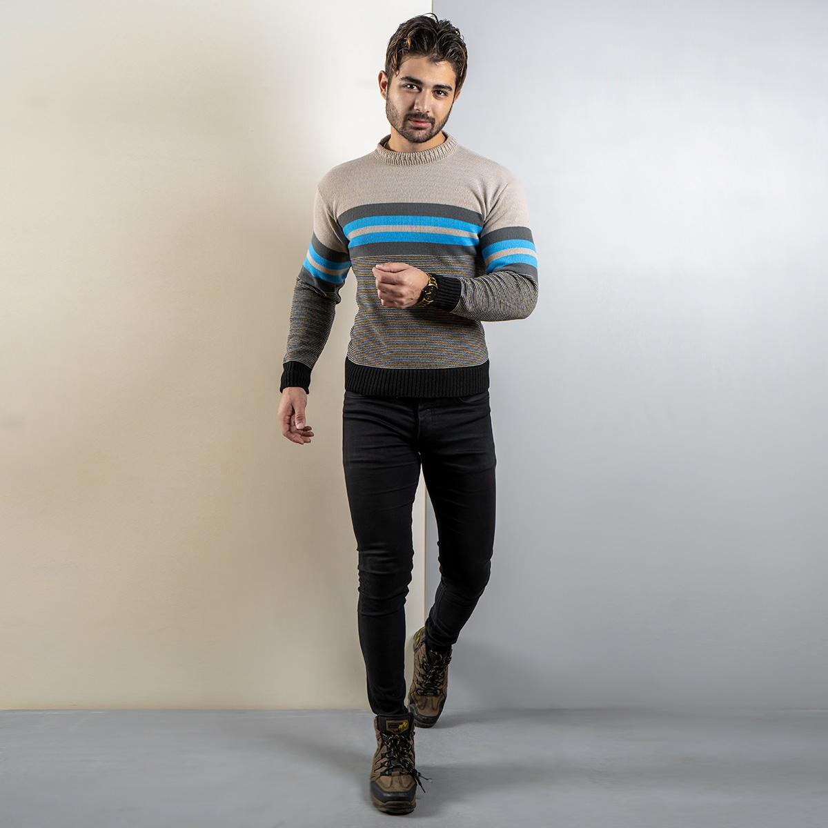 پلیور راه راه طوسی آبی(T) مردانه مدل yalan