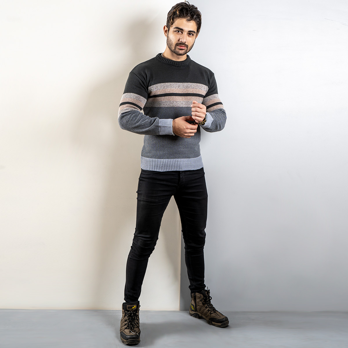 پلیور راه راه مشکی کرم(T) مردانه مدل yalan