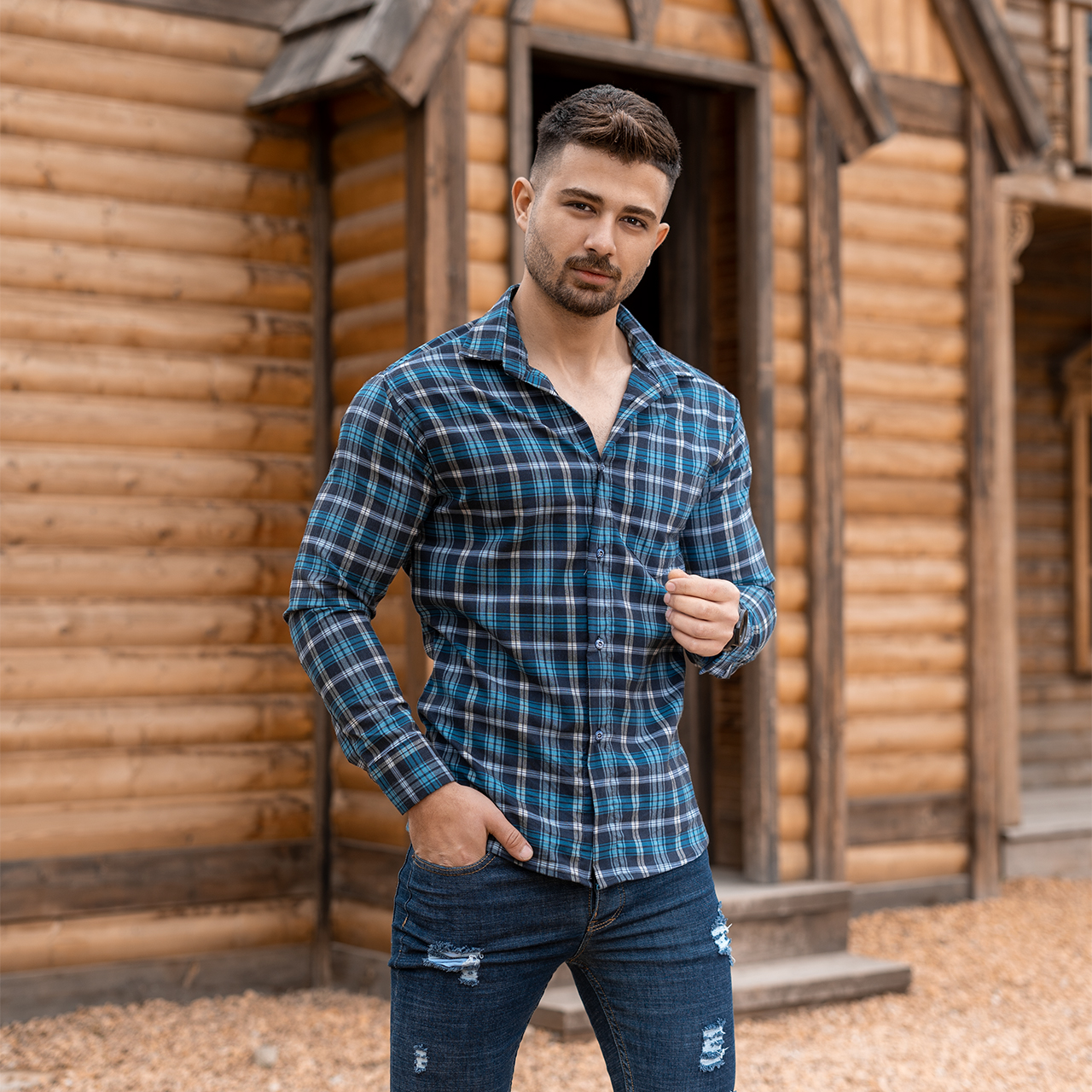 پیراهن چهارخانه آبی سرمه ای مردانه مدلDivan