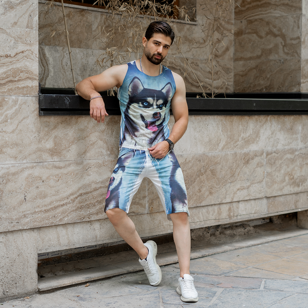 ست رکابی شلوارک آبی مردانه مدل Husky