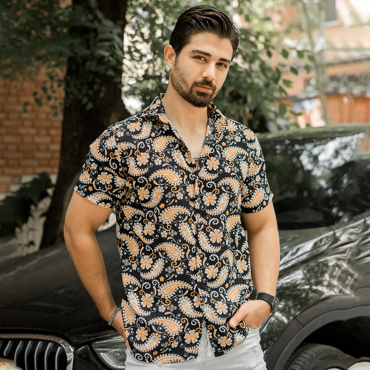 پیراهن هاوایی طرح بته جقه مردانه مدل calin