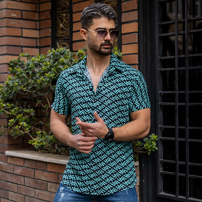 پیراهن هاوایی طرح فندی سبز مردانه مدل F82