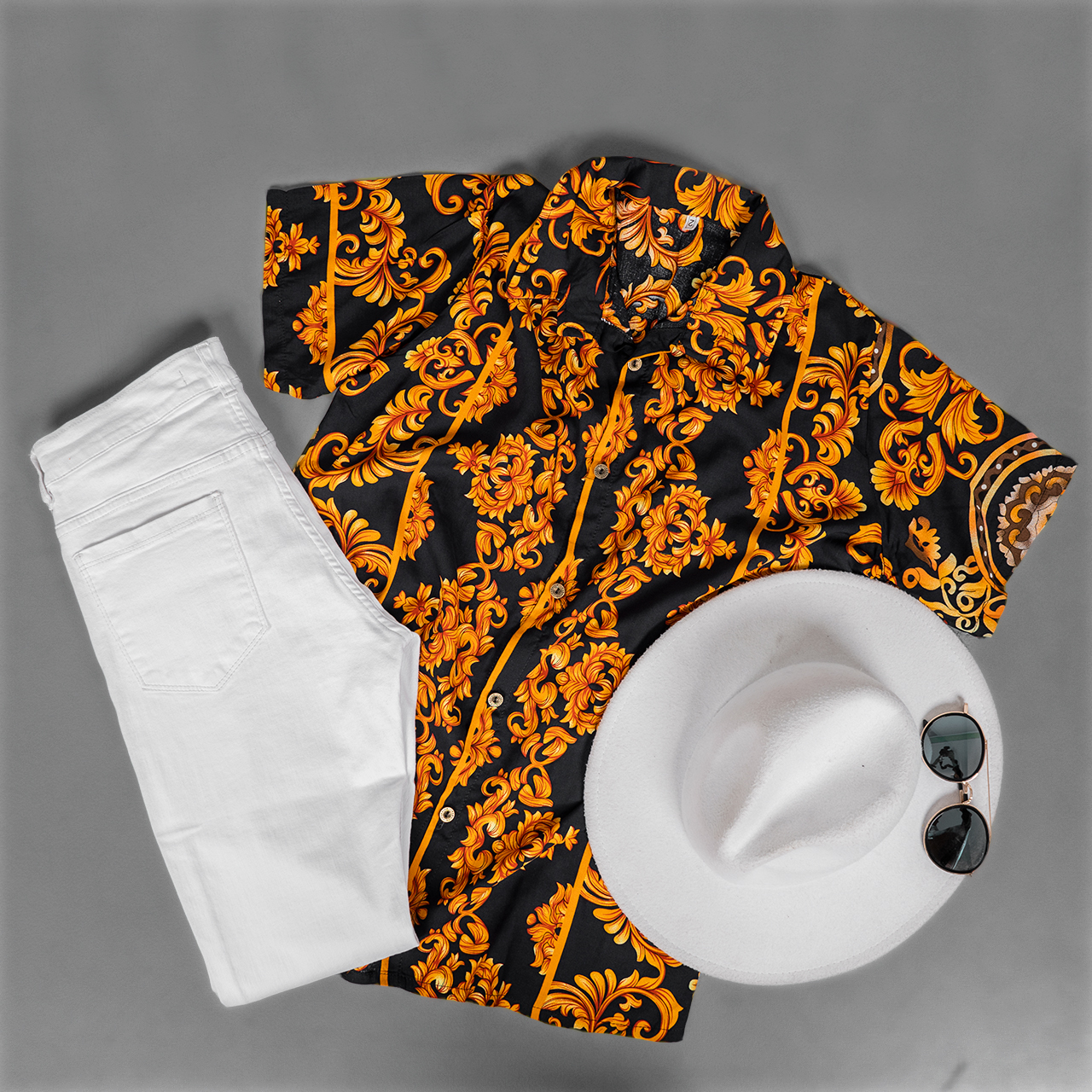 پیراهن هاوایی طرح گل طلایی مردانه مدل G902