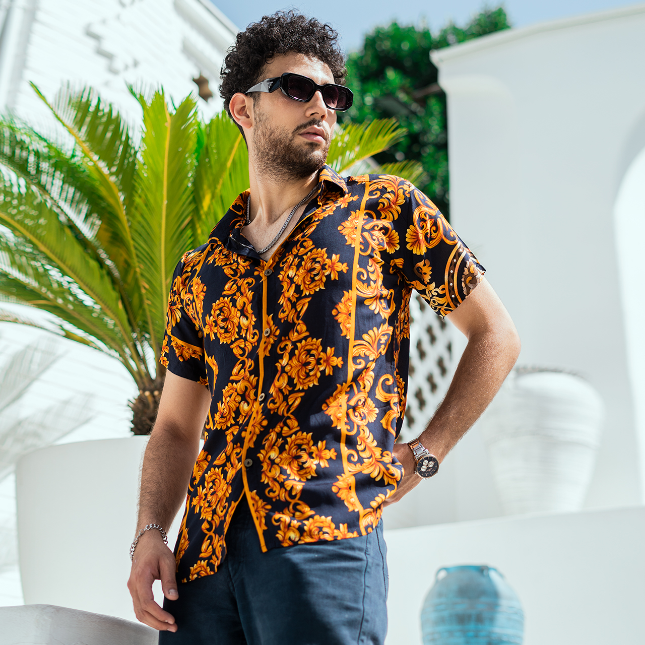 پیراهن هاوایی طرح گل طلایی مردانه مدل G902