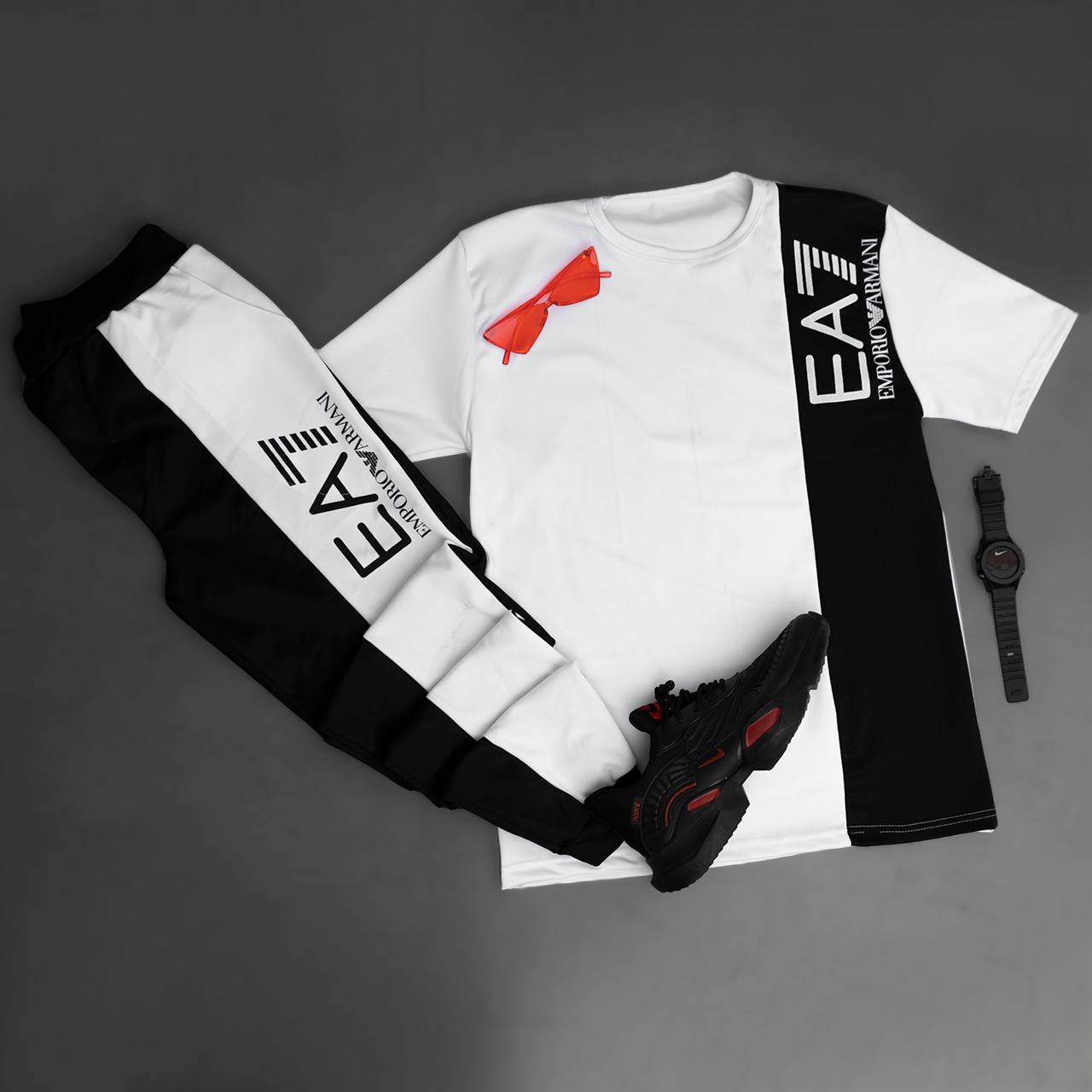 ست تیشرت شلوار EA7 سفید مشکی مدلWE82