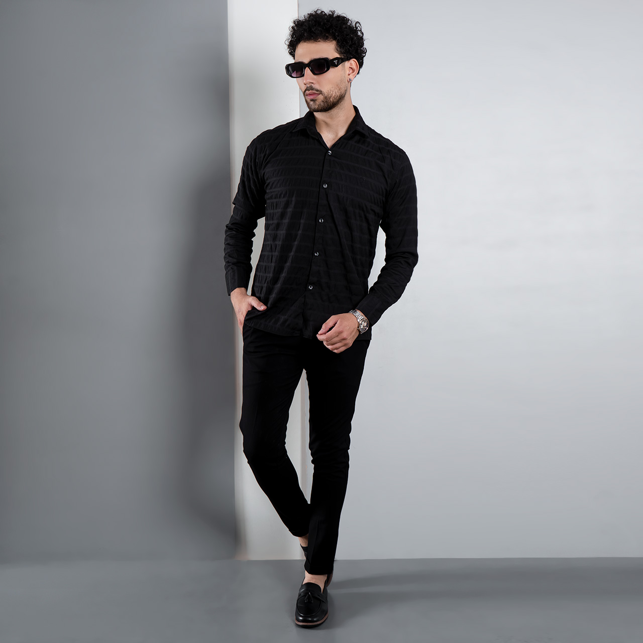 پیراهن راه راه مشکی مردانه مدل Mavin