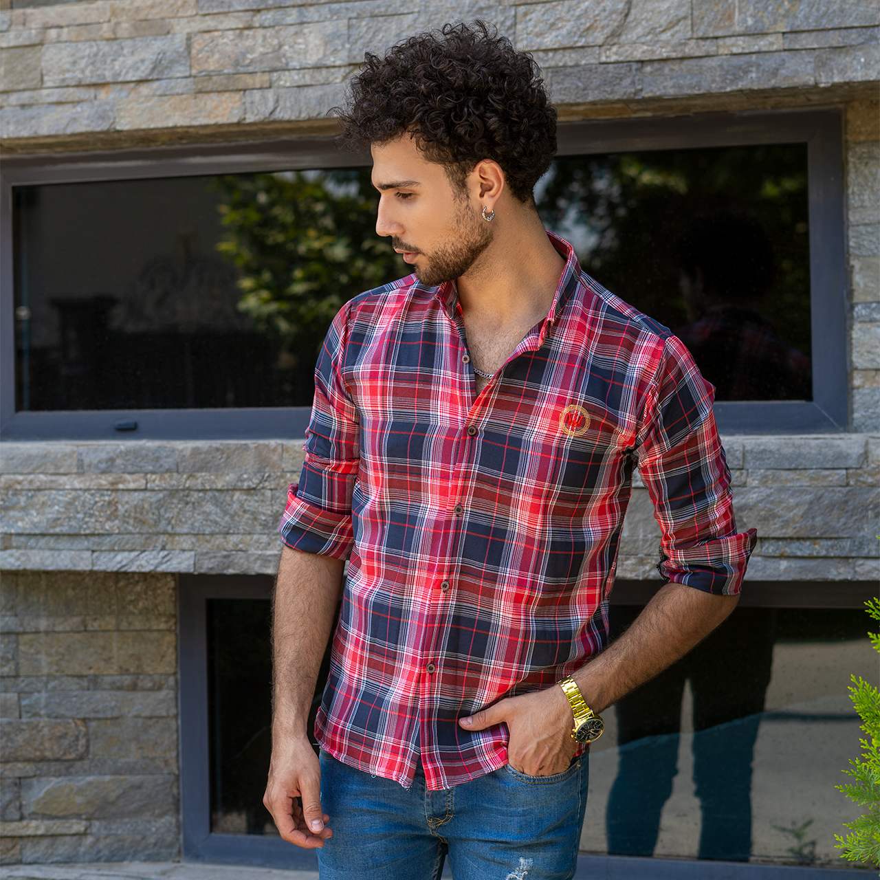 پیراهن چهارخونه مردانه سرمه ای قرمز مدلB13