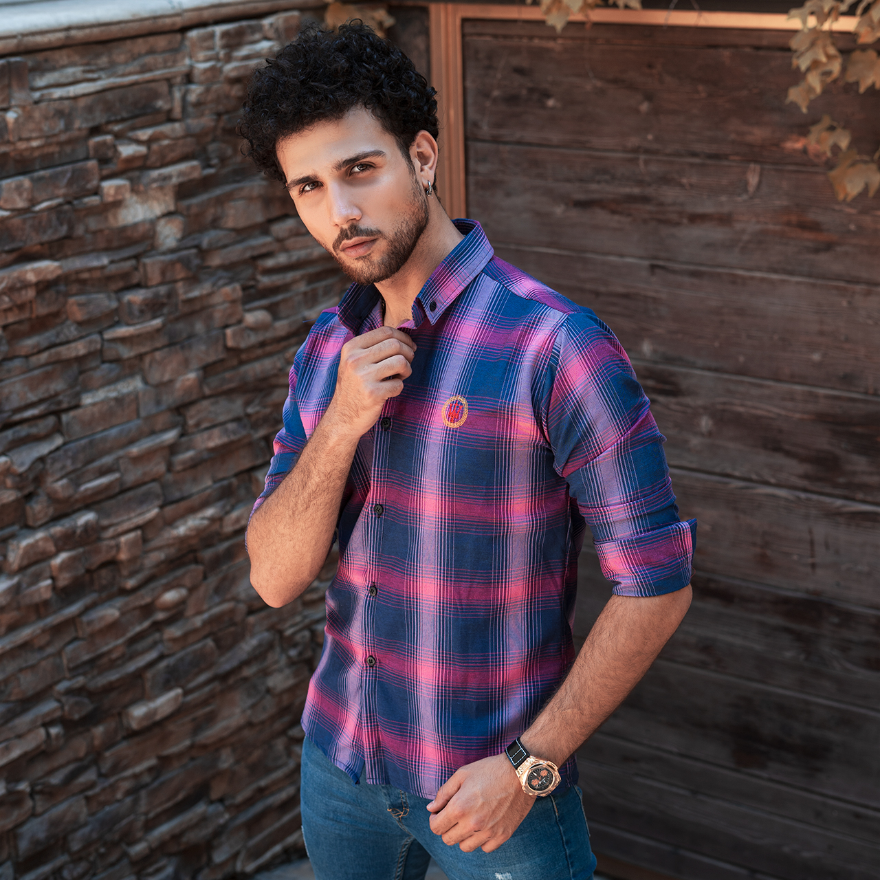 پیراهن چهارخونه مردانه سرمه ای صورتی مدل B16