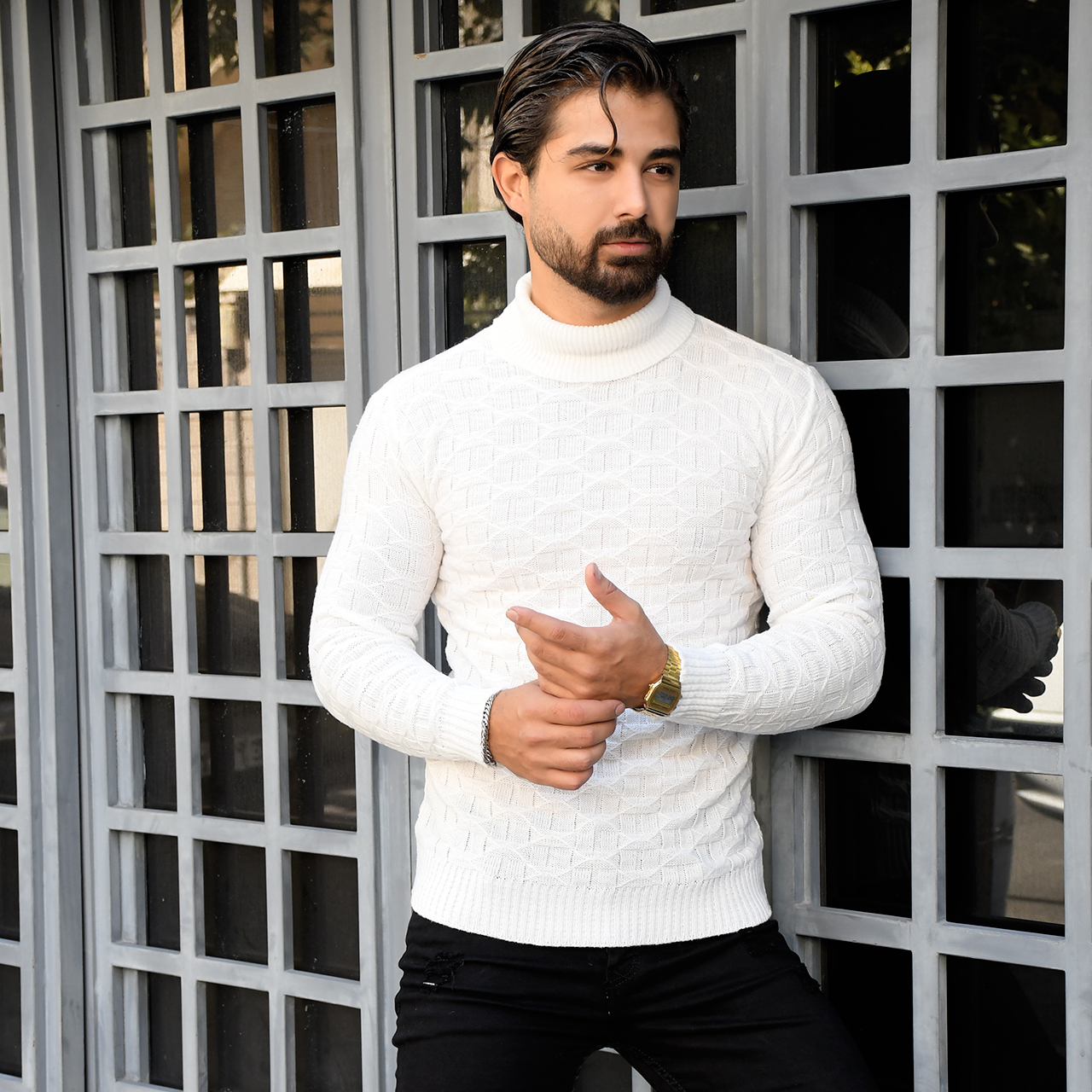 پلیور یقه اسکی سفید طرح لوزی مردانه مدلG10