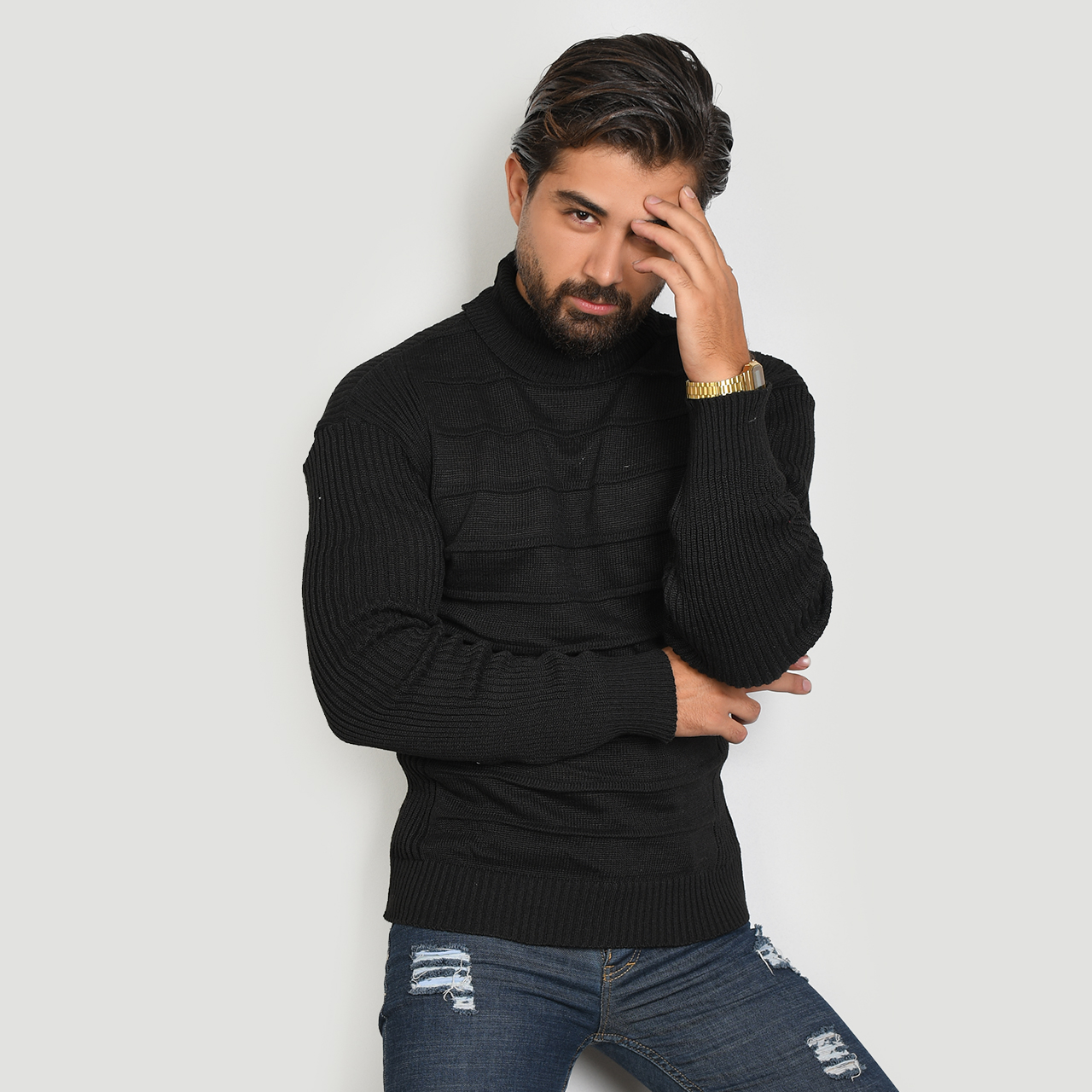 پلیور یقه اسکی مشکی طرح کرکره ای مردانه مدلR10