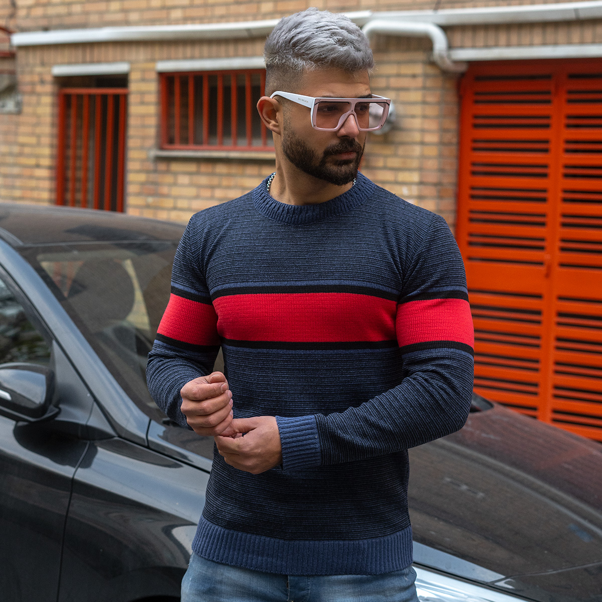 پلیور مردانه قرمز- سرمه ای مدل Madis