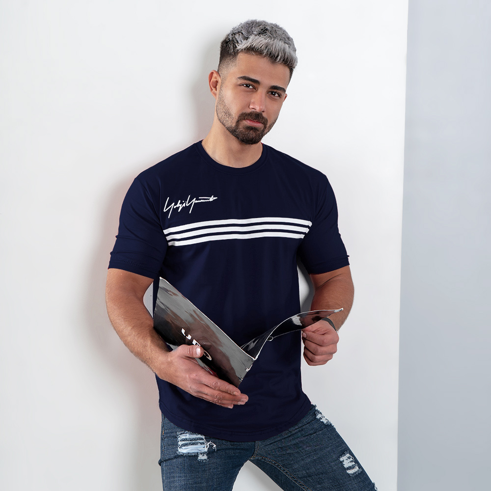 تیشرت مردانه سه خط سرمه ای مدل DENVER