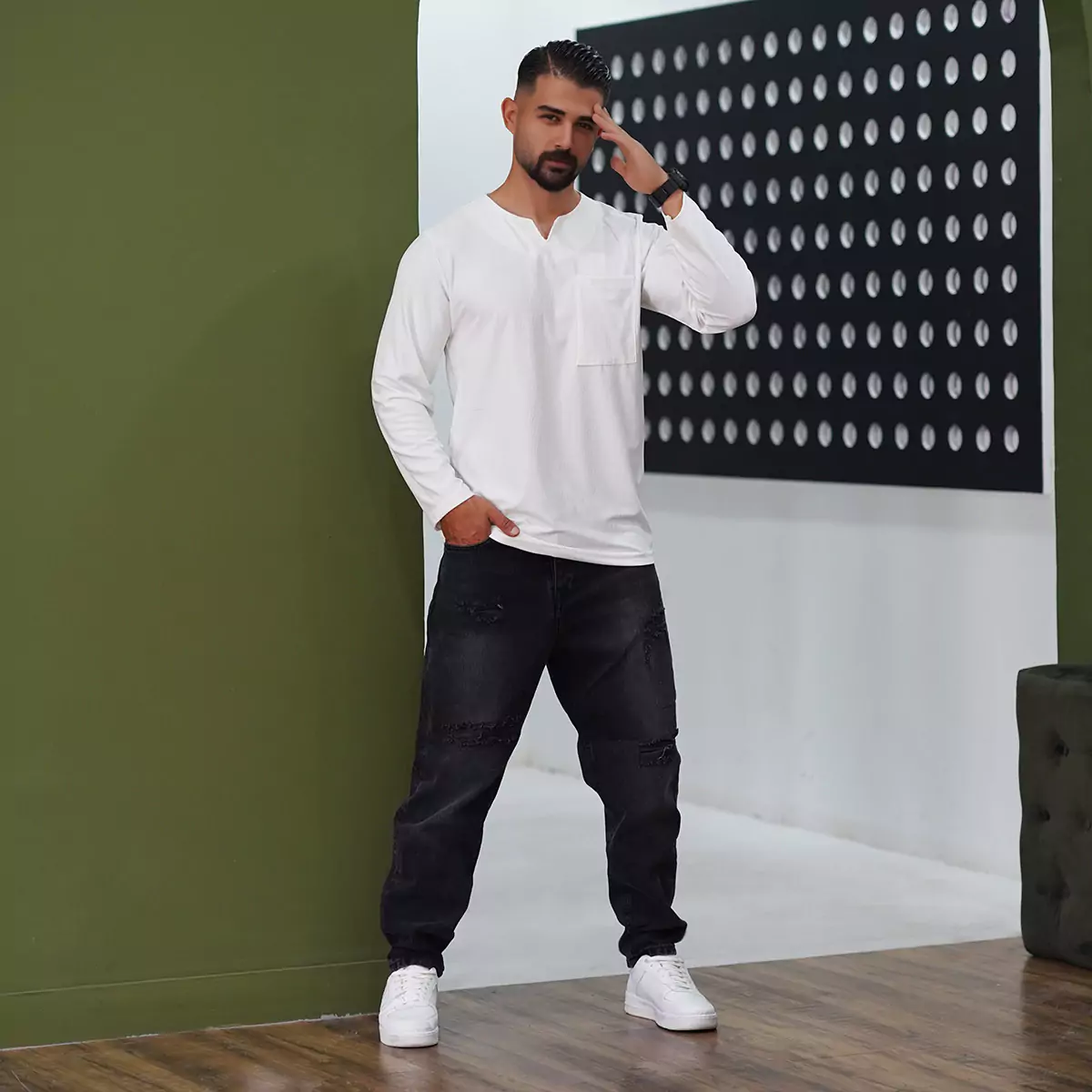 تیشرت آستین بلند یقه کوبایی سفیدمردانه مدل Asam