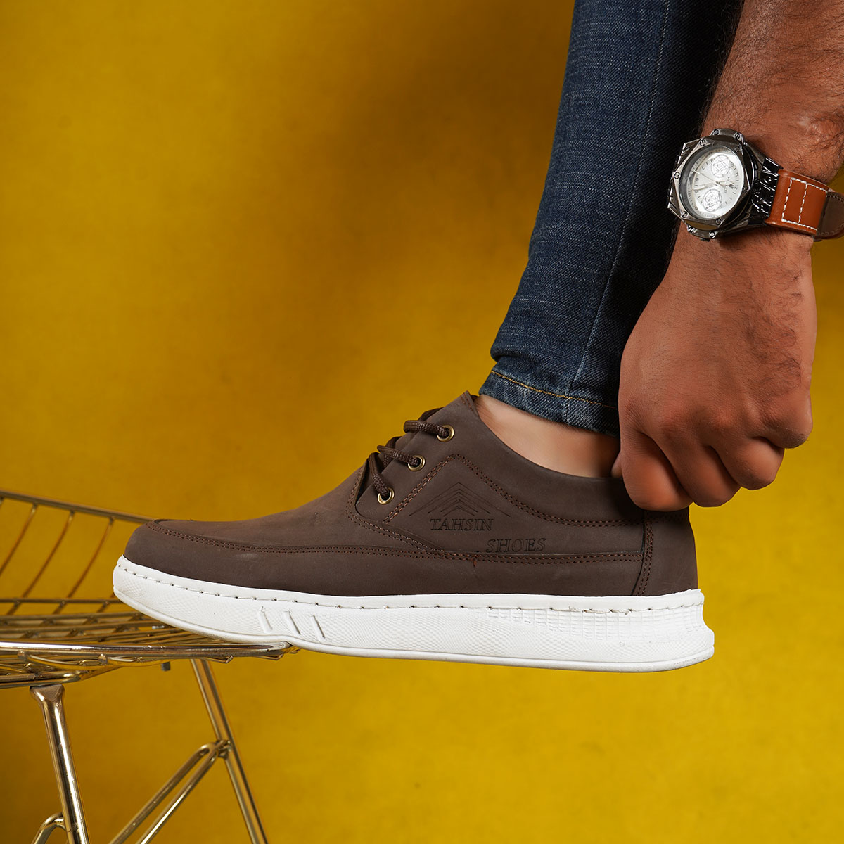 کفش مردانه قهوه ای زیره سفید مدل Tahsin
