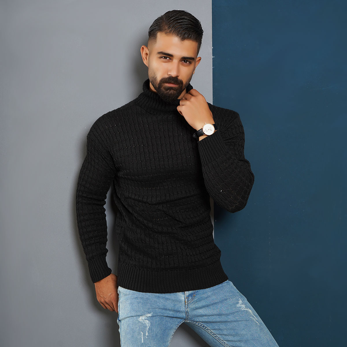 پلیوربافت مردانه مشکی یقه اسکی مدل Pouyan