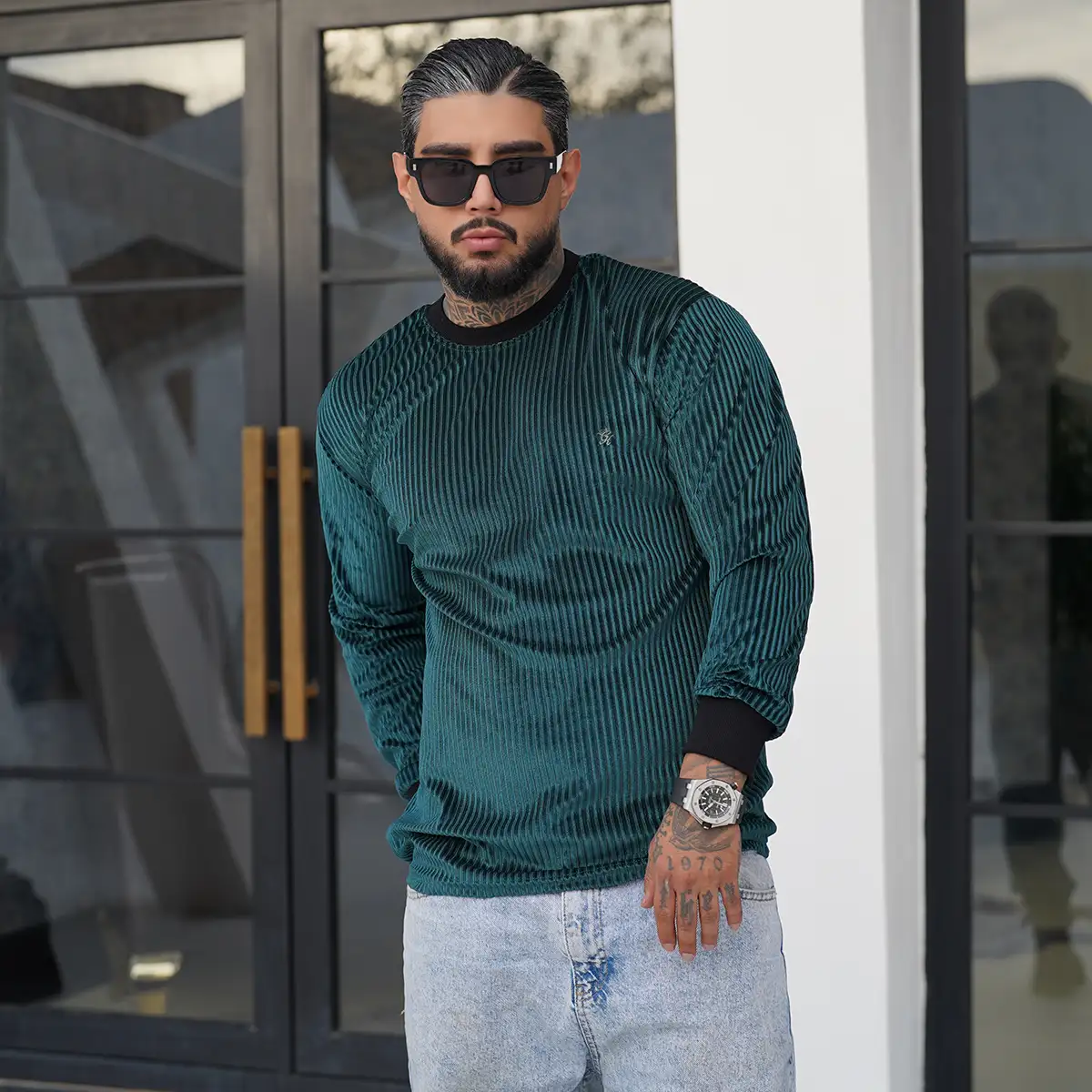 تیشرت آستین بلند سبز مردانه مدل Behrouz