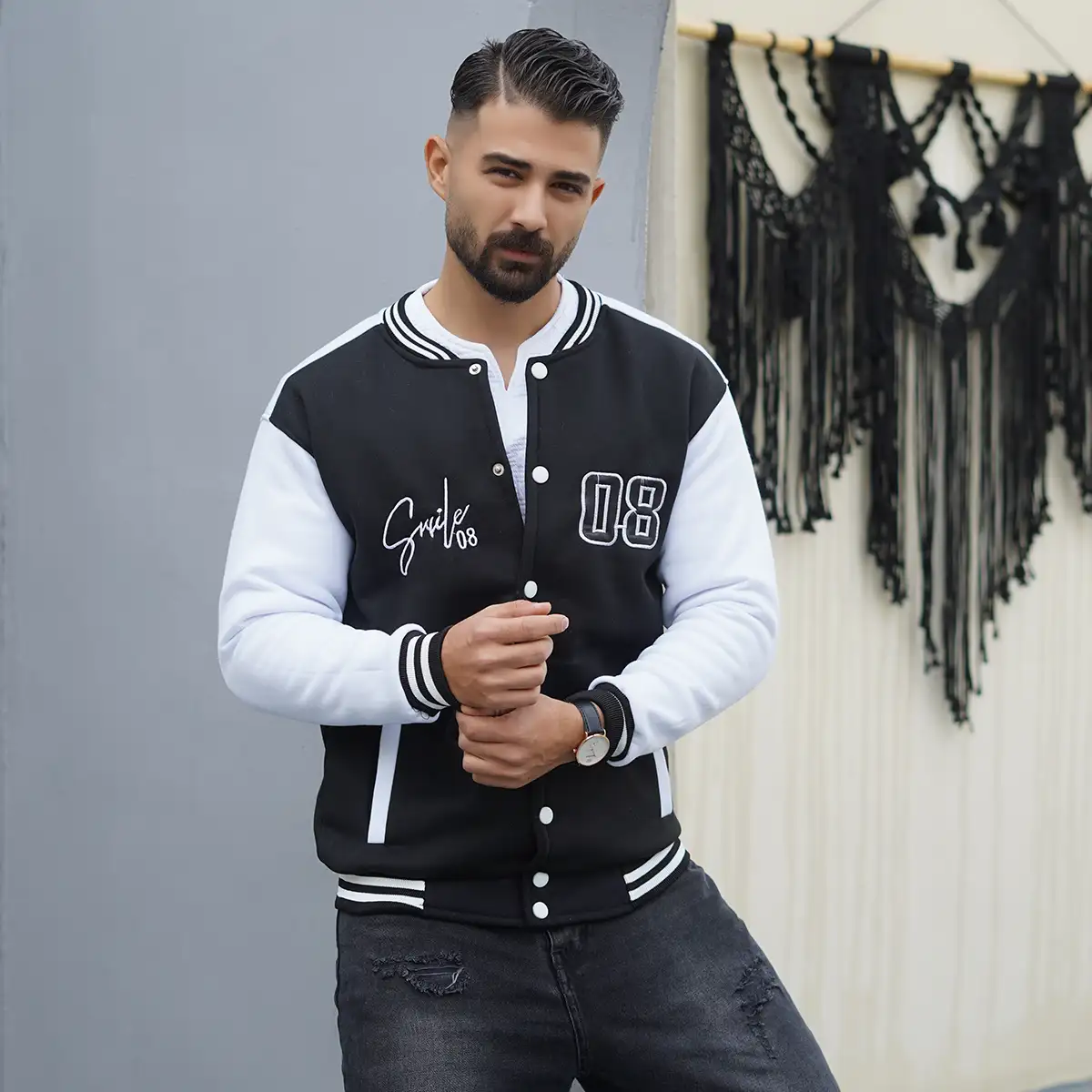 بامبر جکت مردانه مشکی مدل Baseball