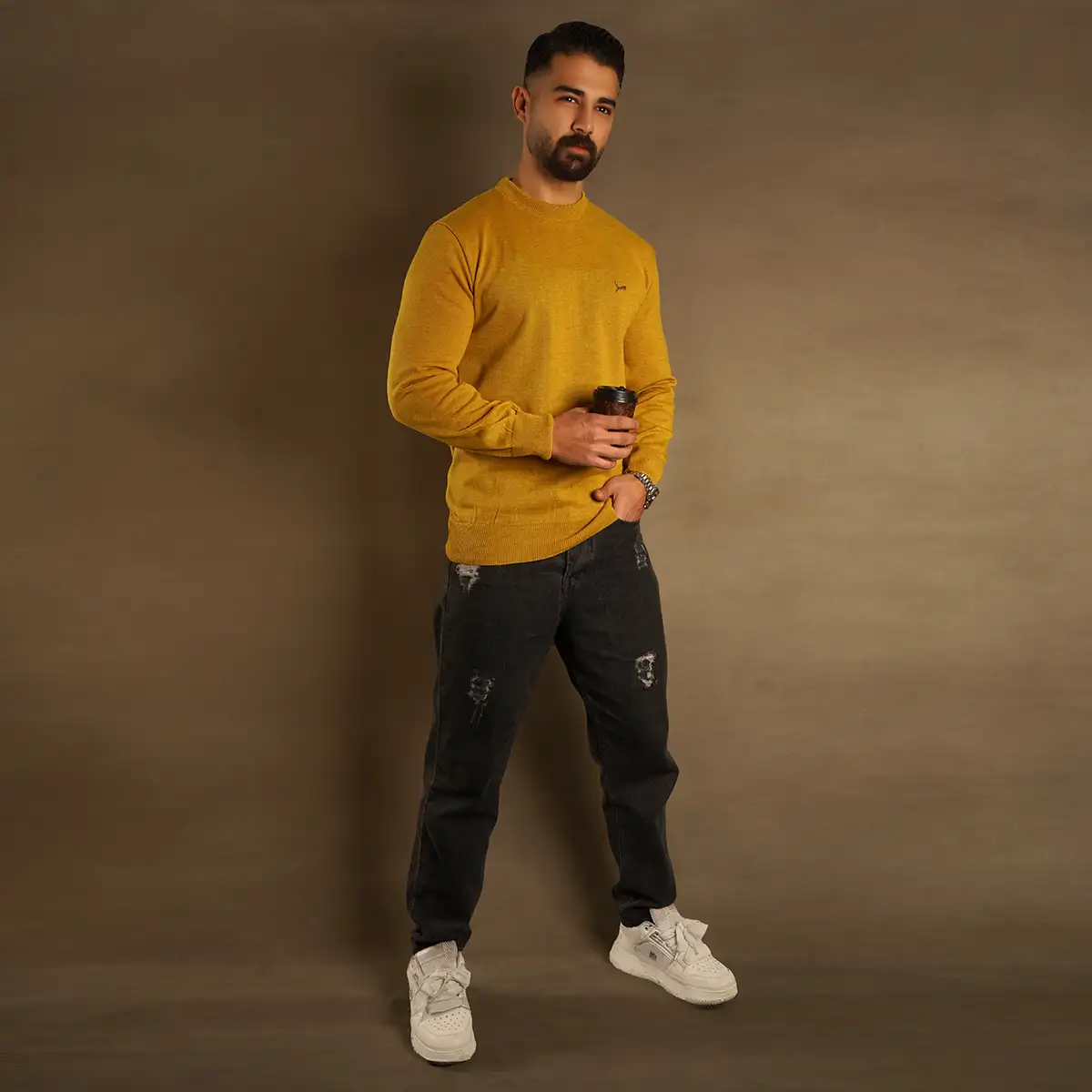 پلیور یقه گرد پوما خردلی مدل Danyal