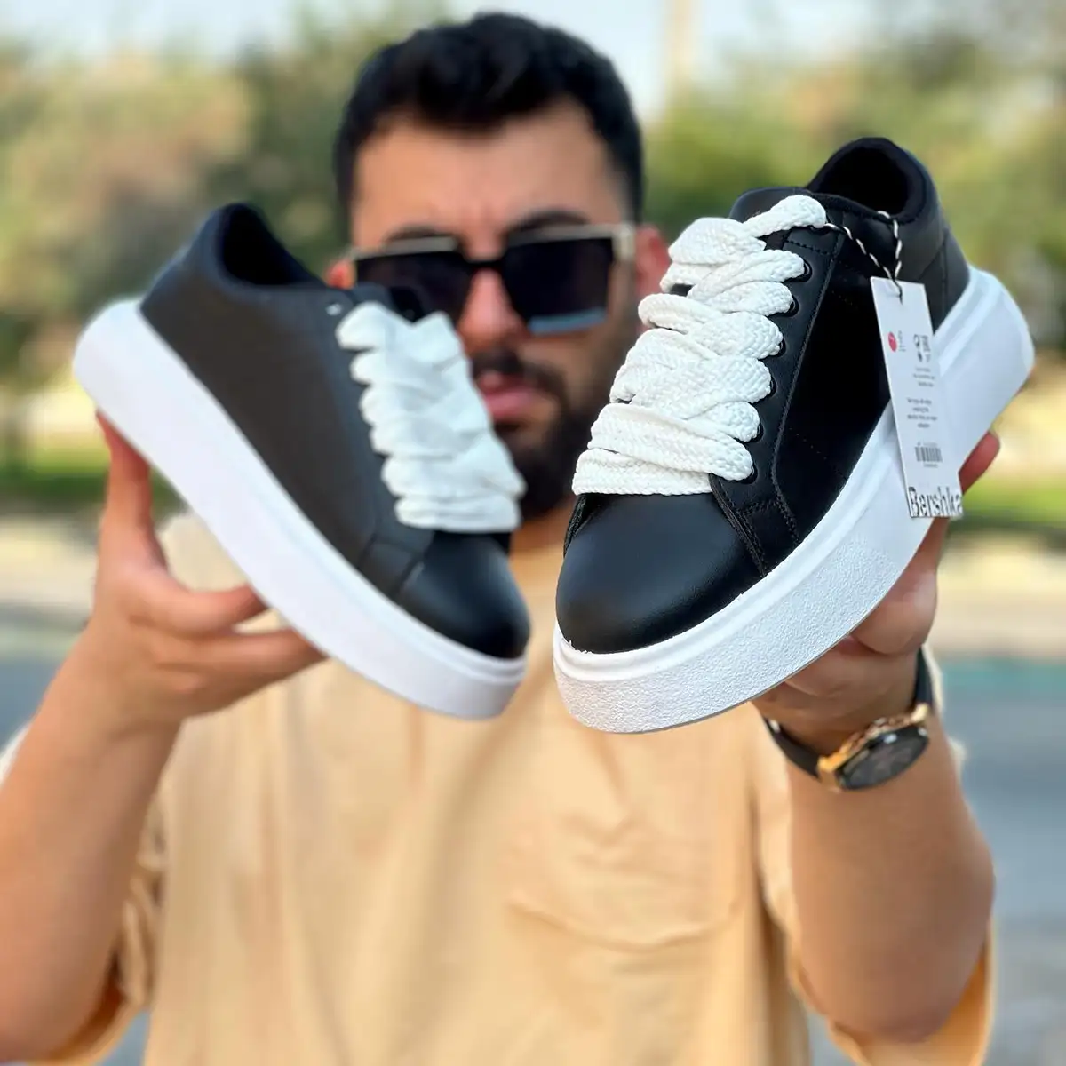 کفش تخت مشکی زیره سفید مردانه مدل MANIN