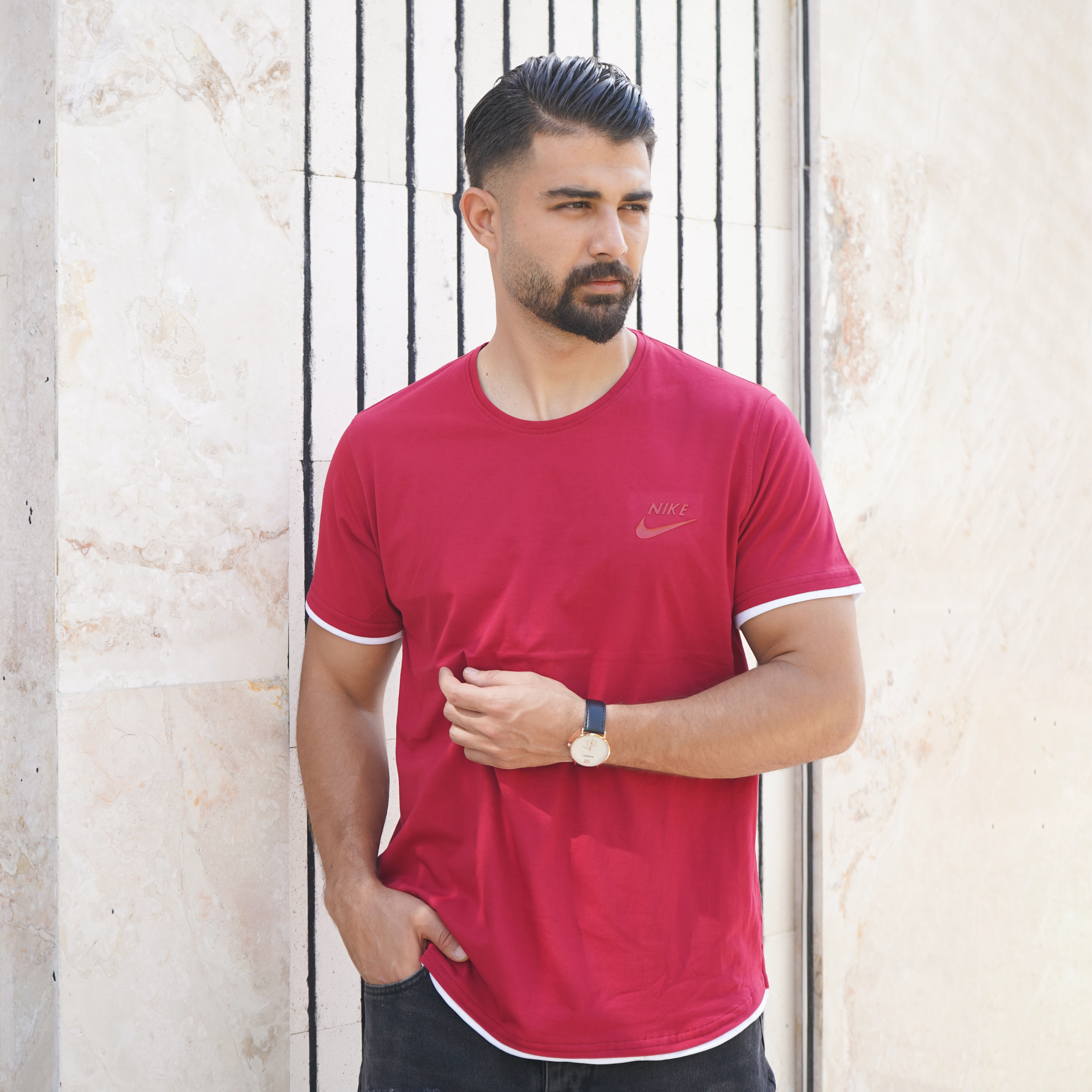 تیشرت یقه گرد قرمز مردانه مدل kamyar