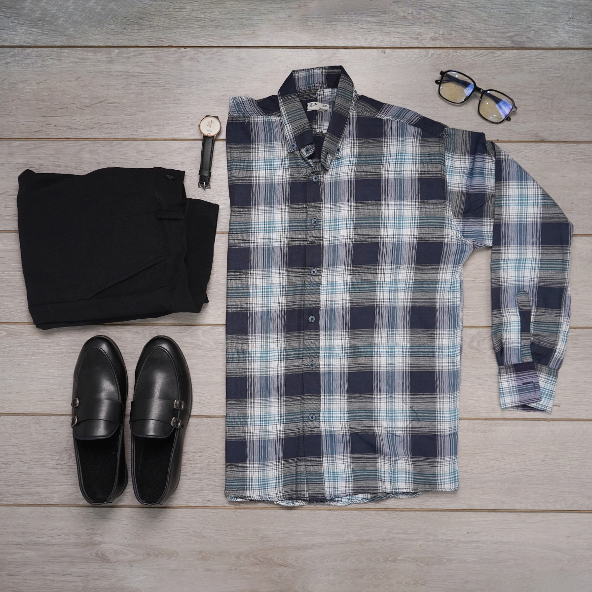 پیراهن چهارخونه سرمه ای سبز مردانه مدل Sany