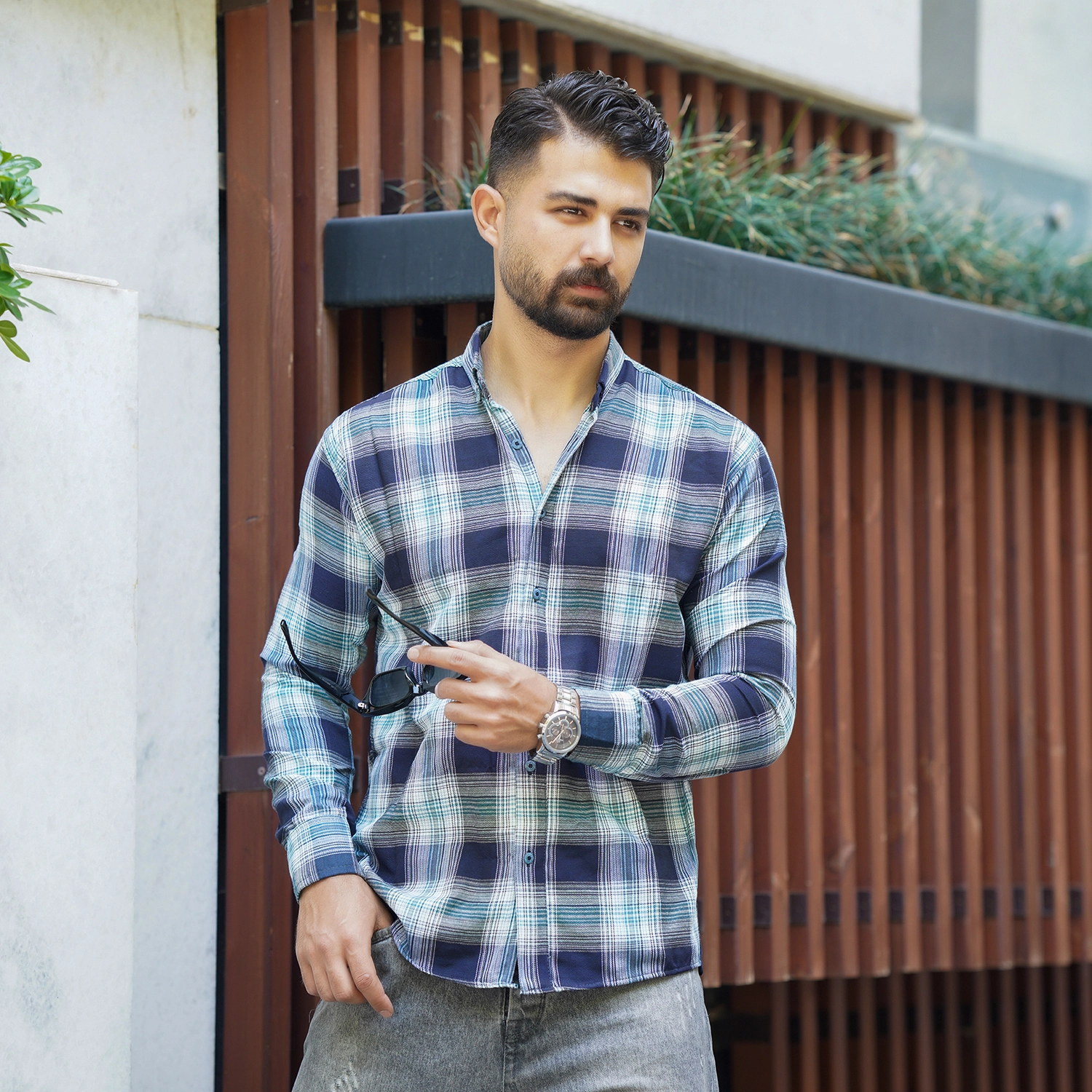پیراهن چهارخونه سرمه ای سبز مردانه مدل Sany