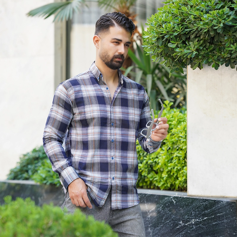 پیراهن چهارخونه سرمه ای نارنجی مردانه مدل Sany