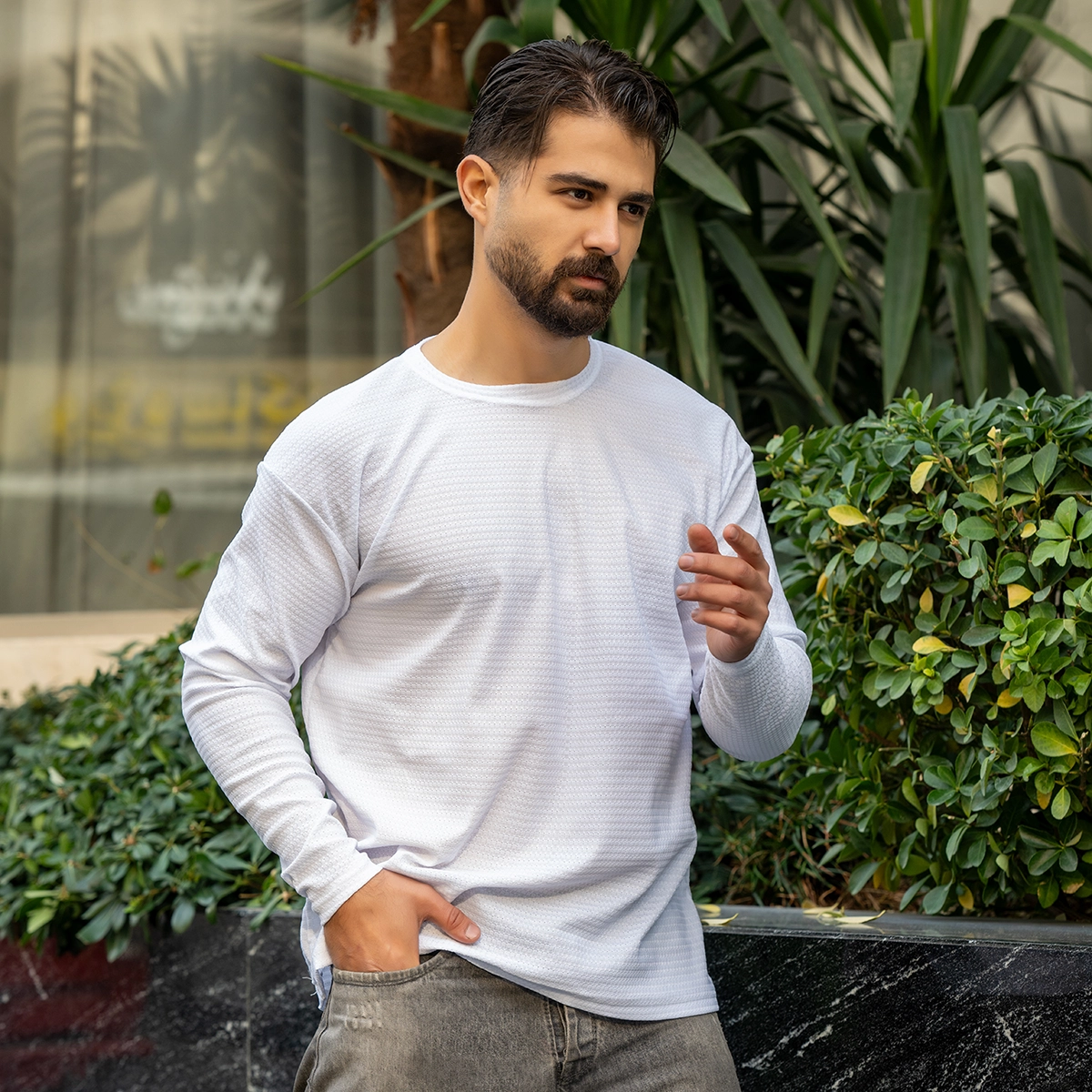 تیشرت آستین بلند مردانه سفید مدل ARSALAN