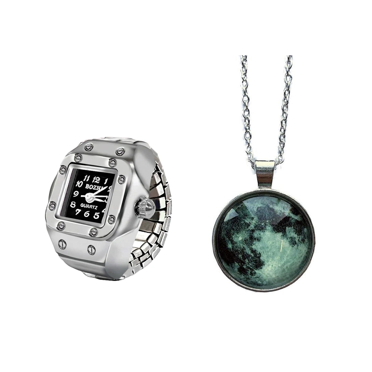 پکیج ساعت انگشتری استیلگردنبند ماه شب تاب