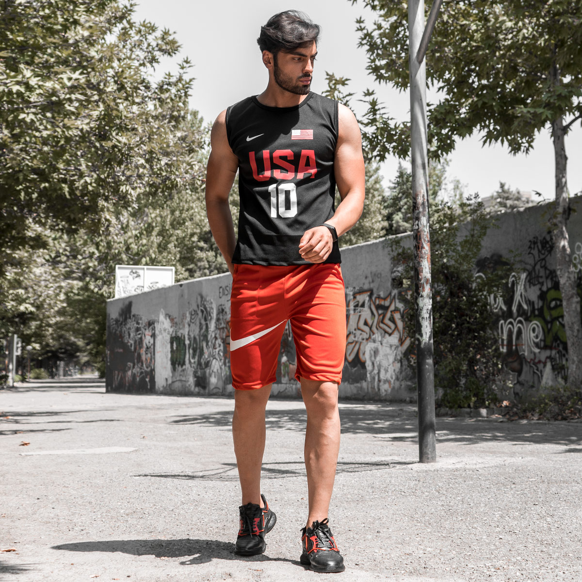 ست رکابی شلوارک Nike مردانه مشکی مدل USA10