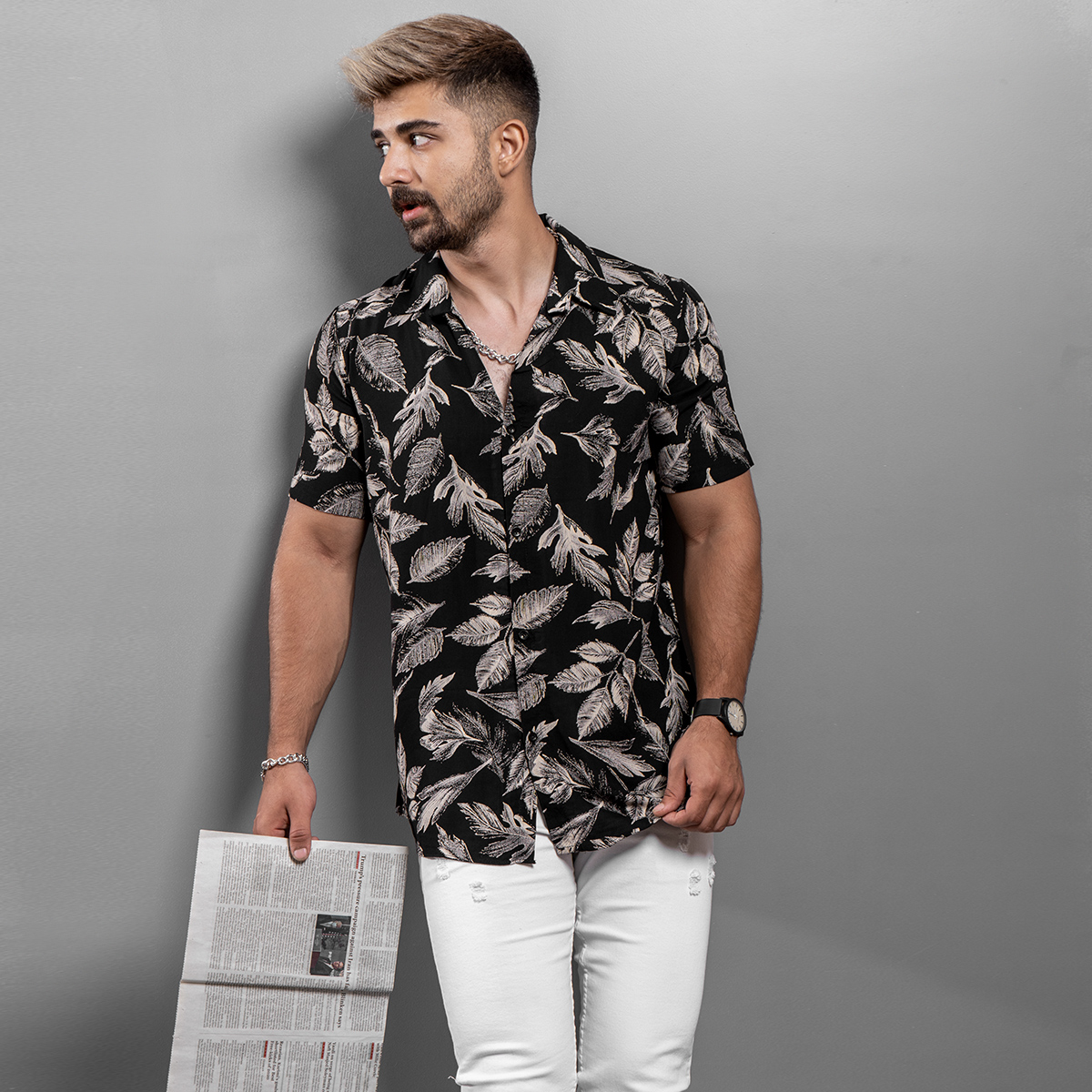 پیراهن هاوایی مردانه مشکی مدل Tinkal-
