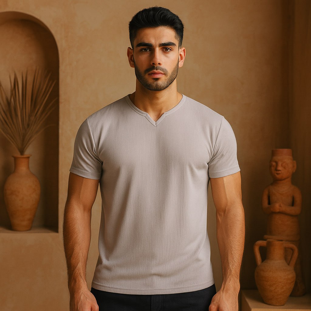 تیشرت آستین کوتاه یقه کوبایی طوسی مدل Asam