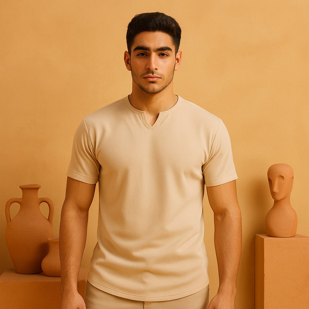 تیشرت آستین کوتاه یقه کوبایی کرم مردانه مدل Asam