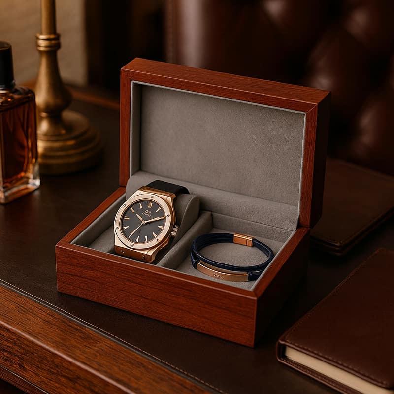 پکیج دستبند پلاک دارساعت مچی Hublot طلایی مدل C70